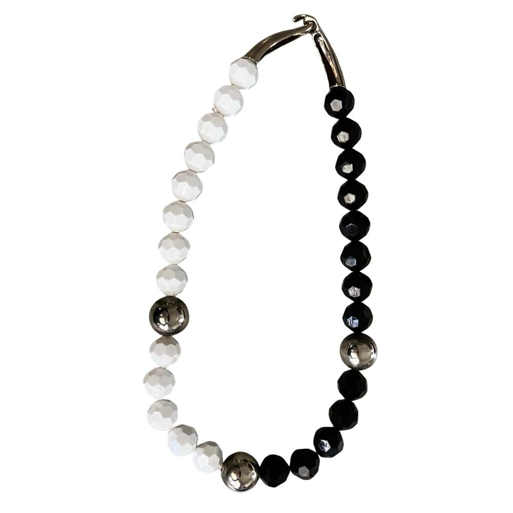 Black White Statement Necklace Stainless Steel Hook Chunky Beaded Artistic 28in.